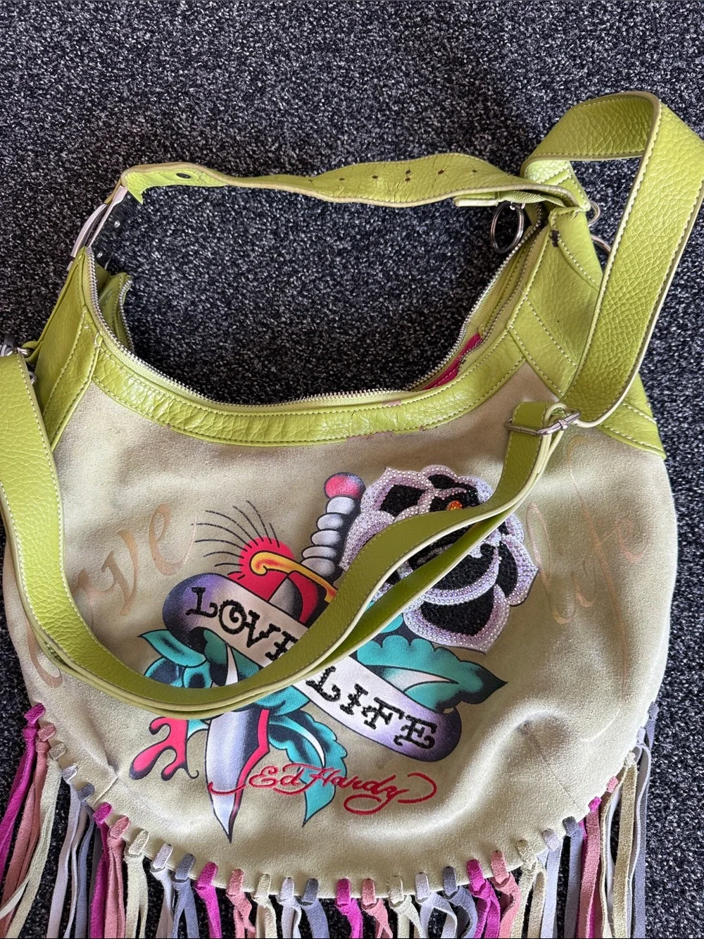 RARE Ed Hardy Yellow-Green 'Love Life' Fringe Y2K Hobo Bag